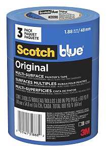 ScotchBlue 2090-48EVP Painter's Tape, Original Multi-Surface, 60 yd L, 1.88 in W, Crepe Paper Backing, Blue, 3/PK