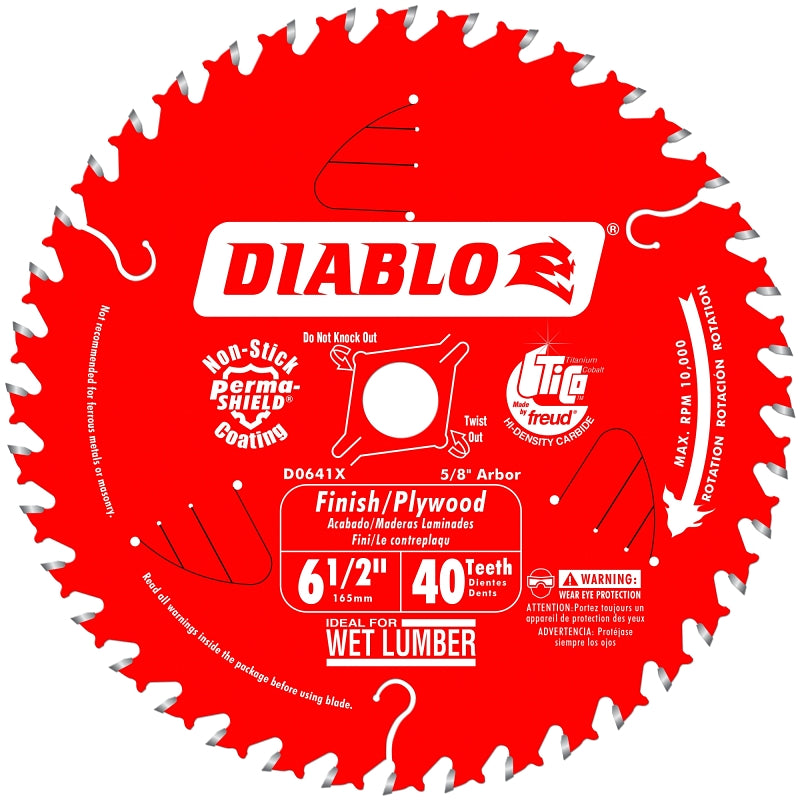 Diablo D0641A Circular Saw Blade, 6-1/2 in Dia, 5/8 in Arbor, 40-Teeth, Carbide Cutting Edge, Pack of 10