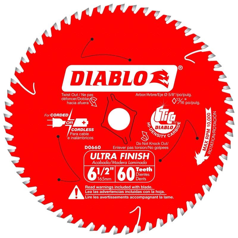 Diablo D0660X Circular Saw Blade, 6-1/2 in Dia, 60-Teeth, Carbide Cutting Edge, Applicable Materials: Wood
