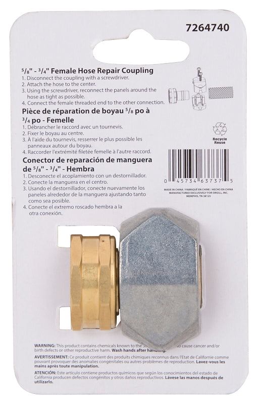 Landscapers Select GC533 Hose Coupling, 5/8 to 3/4 in, Female, Brass, Brass/Silver