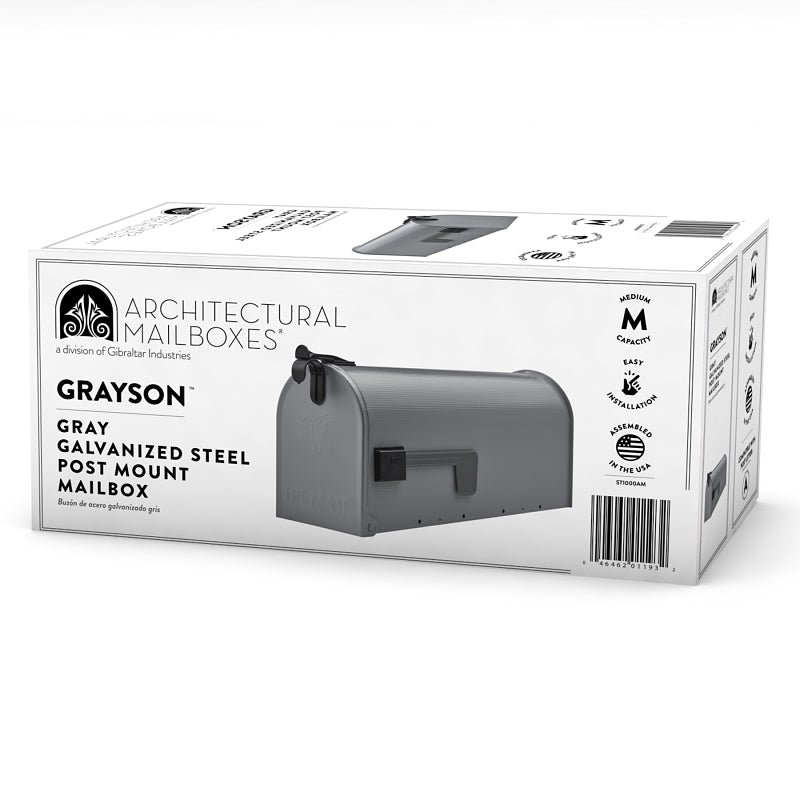 Gibraltar Mailboxes Grayson Series ST100000 Rural Mailbox, 800 cu-in, Steel, Powder-Coated, 7 in W, 20.3 in D, Gray