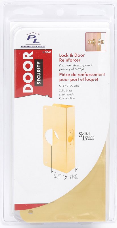 Prime-Line U 9541 Lock and Door Reinforcer, 2-3/8 in Backset, 1-3/4 in Thick Door, Brass, 9 in H, 3-7/8 in W