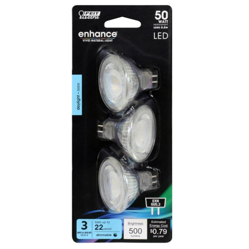 Feit Electric BPEXN/950CA/3 LED Bulb, Recessed/Track, MR16 Lamp, 50 W Equivalent, GU5.3 Lamp Base, Dimmable, Clear, Pack of 6
