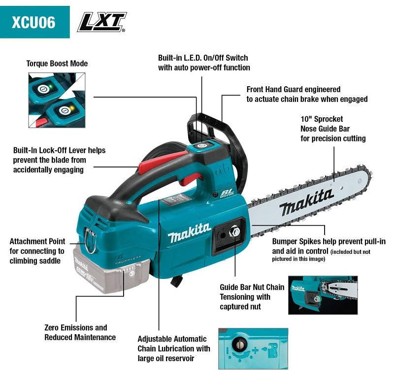 Makita XCU06Z Chainsaw, Tool Only, 18 V, Lithium-Ion, 2 in Cutting Capacity, 10 in L Bar, 3/8 in Pitch, Top Handle