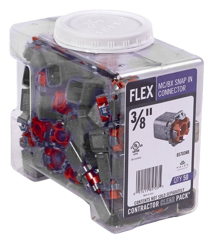 Halex 85703NB Flex Snap Lock Connector, 3/8 in, Steel, Zinc-Plated, 50/PK