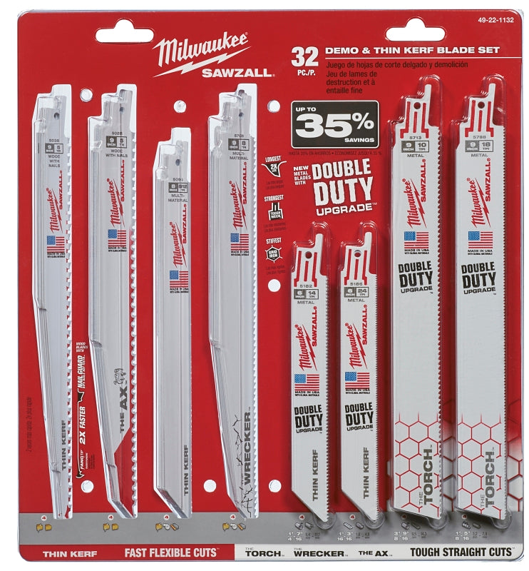 Milwaukee SAWZALL 49-22-1132 Blade Set, 32-Piece, Thin Kerf, Bi-Metal, White