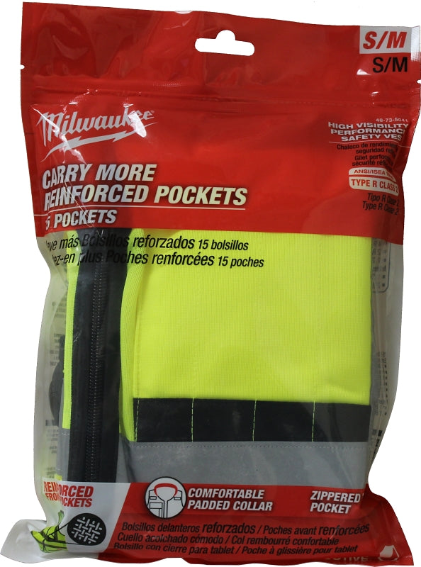 Milwaukee 48-73-5041 Safety Vest, S/M, Men's, Fits to Chest Size: 38 to 42 in, Polyester, High-Visibility Yellow