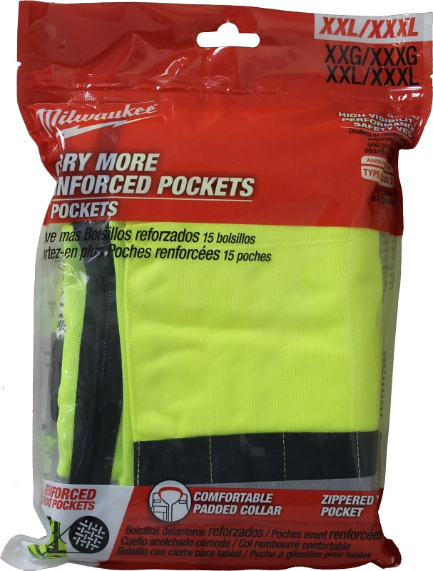 Milwaukee 48-73-5043 Safety Vest, 2XL/3XL, Men's, Fits to Chest Size: 46 to 50 in, Polyester, High-Visibility Yellow