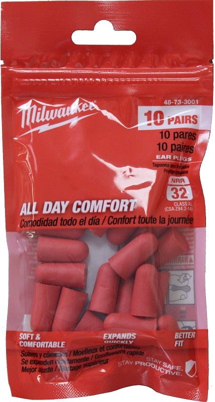 Milwaukee 48-73-3001 Ear Plugs, 32 dB NRR, Tapered, Foam Ear Plug, Red Ear Plug, Includes: (10) Pairs of Ear Plugs