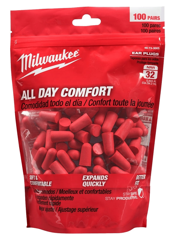 Milwaukee 48-73-3005 Ear Plugs, 32 dB NRR, Tapered, One-Size Ear Plug, Foam Ear Plug, Red Ear Plug