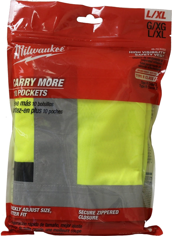 Milwaukee 48-73-5022 Safety Vest, L/XL, Men's, Fits to Chest Size: 42 to 46 in, Polyester, High-Visibility Yellow