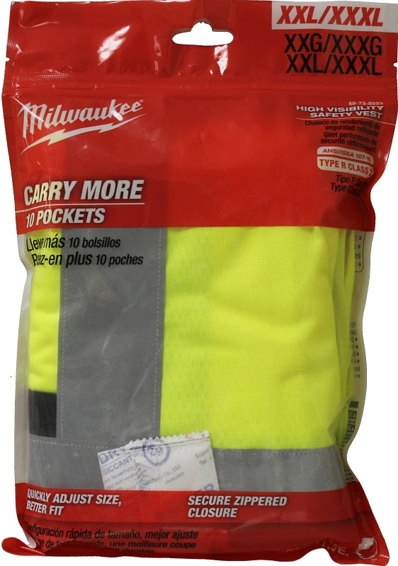 Milwaukee 48-73-5023 Safety Vest, 2XL/3XL, Men's, Fits to Chest Size: 46 to 50 in, Polyester, High-Visibility Yellow