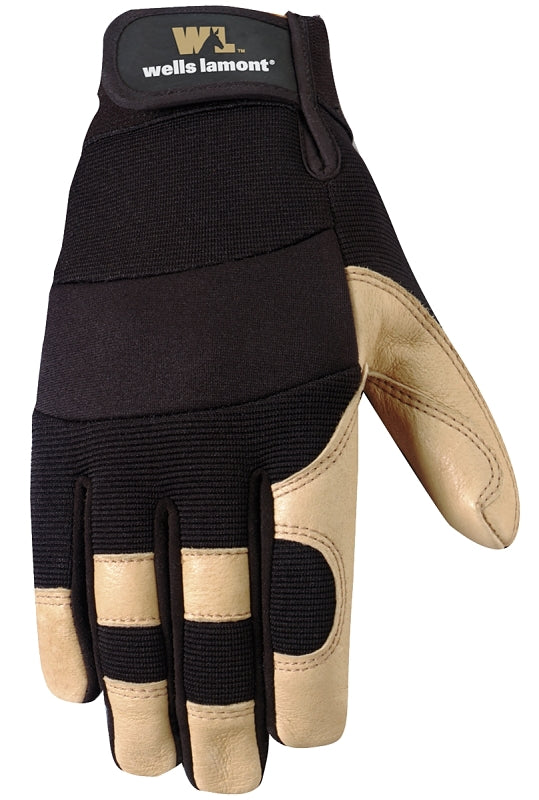 Wells Lamont 3214-M Adjustable Work Gloves, Men's, M, Reinforced Thumb, Spandex Back, Black/Brown/Tan