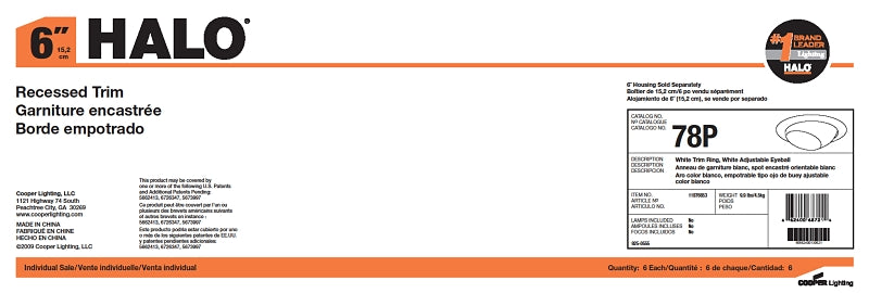 Halo 78P Recessed Light Trim, 6 in Dia, 4-1/8 in OAH, Metal Body, White