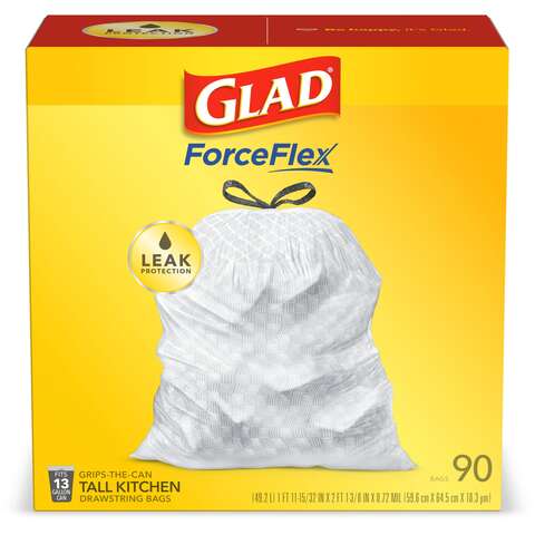 Glad ForceFlex 13 gal Tall Kitchen Bags Drawstring 90 pk 0.72 mil, Pack of 4