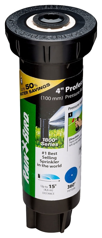 Rain Bird 1804FDSP25 Pressure Regulated Pop-Up Sprinkler, Full-Circle, 3.7 gpm, 1/2 in Connection, FNPT, 4 in H Pop-Up