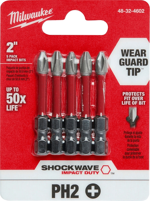 Milwaukee SHOCKWAVE 48-32-4602 Power Bit, #2 Drive, Phillips Drive, 1/4 in Shank, Hex Shank, 2 in L, Steel, 5/PK