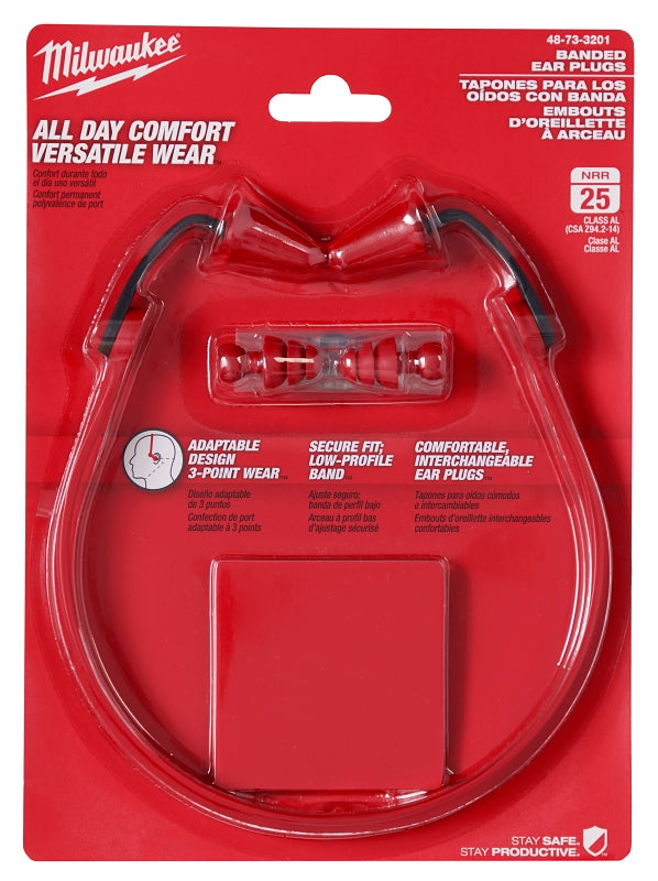 Milwaukee 48-73-3201 Banded Ear Plugs, 25 dB NRR, Bullet, One-Size Ear Plug, Foam Ear Plug, Red Ear Plug