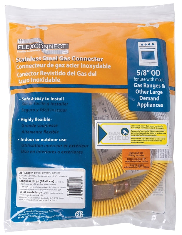B & K G012YE101036RP Gas Connector, 1/2 in, MIP, Stainless Steel, Epoxy-Coated, 36 in L, 5/8 in OD