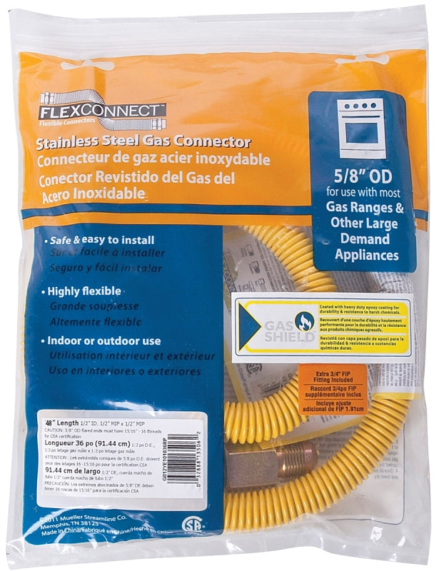 B & K ProLine Series G012YE101048RP Gas Connector, 1/2 in, MIP, Stainless Steel, Epoxy-Coated, 48 in L, 5/8 in OD