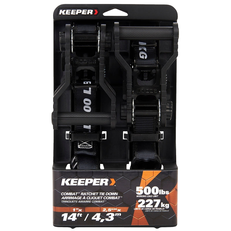 Keeper 85454 Tie-Down, Combat Ratchet Adjustment, 1 in W, 14 ft L, Black, 500 lb Working Load, S-Hook End, 2/PK