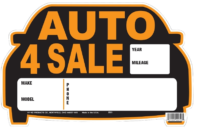 Hy-Ko 22121 Die-Cut Sign, AUTO 4 SALE, Orange Legend, Black Background, Polystyrene, 8-1/2 in H x 13 in W Dimensions, Pack of 5