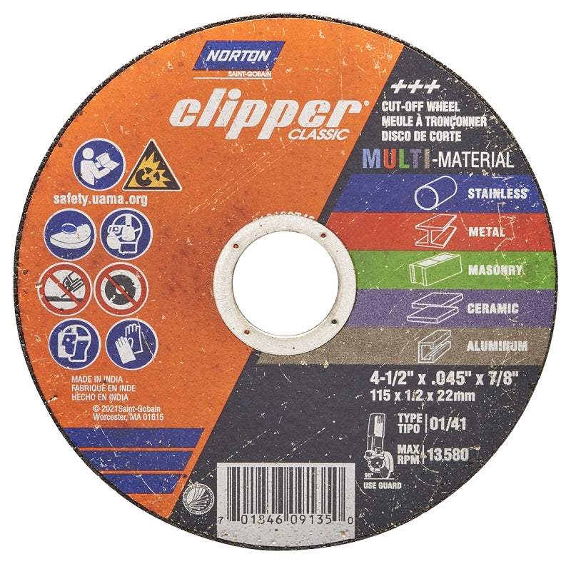 Norton Clipper Classic AC AO/SC Series 70184609135 Cut-Off Wheel, 4-1/2 in Dia, 0.045 in Thick, 7/8 in Arbor, 46 Grit