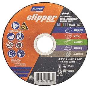 Norton Clipper Classic AC AO/SC Series 70184609135 Cut-Off Wheel, 4-1/2 in Dia, 0.045 in Thick, 7/8 in Arbor, 46 Grit