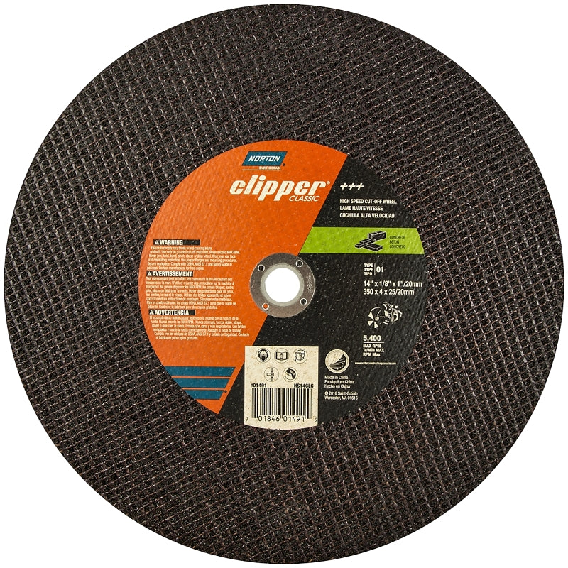 Norton Clipper Classic 70184601491 Cut-Off Wheel, 14 in Dia, 1/8 in Thick, 1 in Arbor, 24 Grit, Extra Coarse