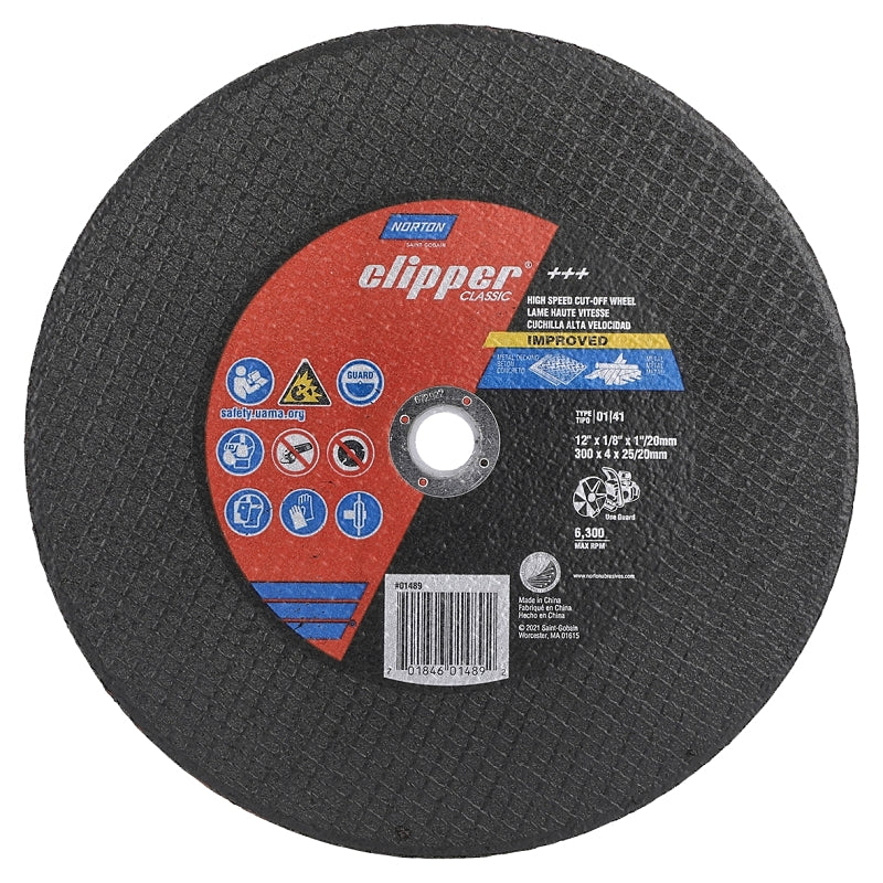 Norton Clipper Classic 70184601489 Cut-Off Wheel, 12 in Dia, 1/8 in Thick, 1 in Arbor, 24 Grit, Extra Coarse