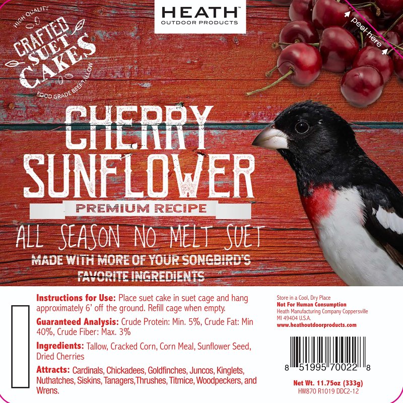 Heath DDC2-12 Cracked Corn Crafted Suet Cake, 11.75 oz, Cherry Sunflower