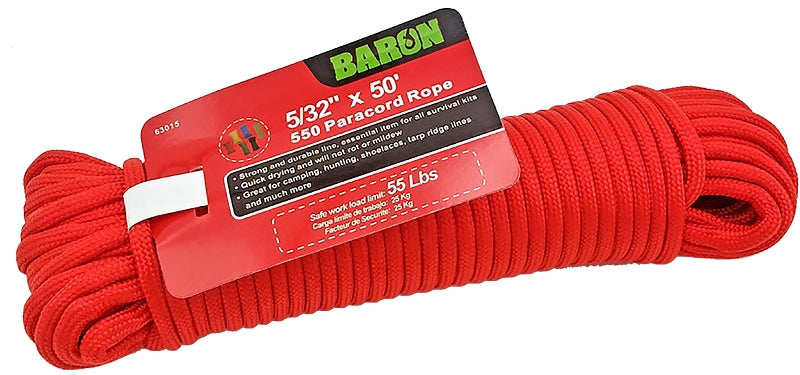 Baron 63015 Cord, 5/32 in Dia, 50 ft L, 55 lb Working Load, Nylon, Red