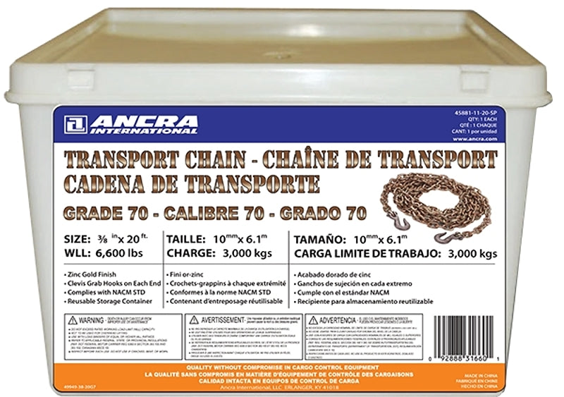 S-Line 45881-11-20-SP Transport Chain, 3/8 in W, 20 ft L, Carbon Steel, 6600 lb, Clevis Hook End Fitting