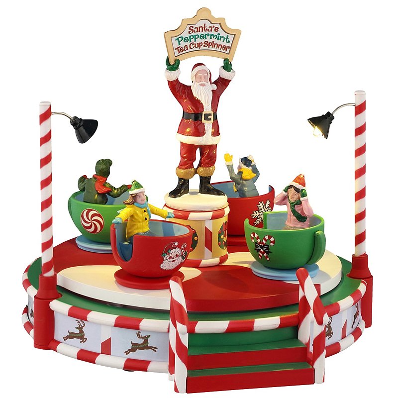 Lemax 54446 Christmas Decor, 6.89 in H, Santa's Peppermint Teacup Spinner, Resin, LED, Pack of 4