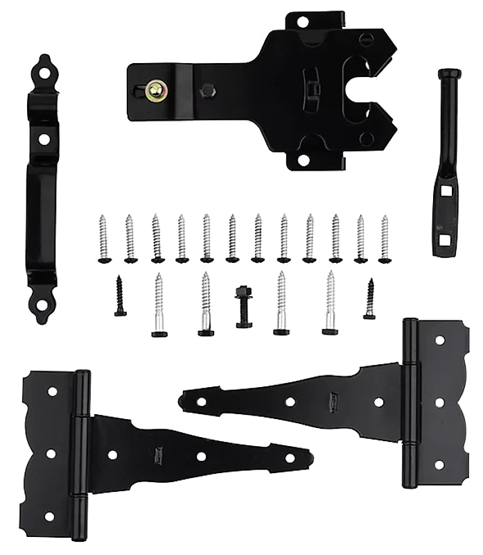 National Hardware Deluxe N109-308 Latch Decorative T-Hinge Gate Kit, Heavy-Duty, Steel, Black, Powder-Coated, 24-Piece