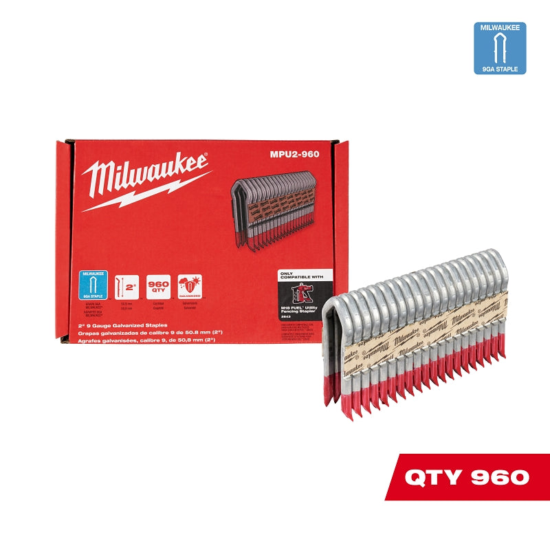 Milwaukee MPU2-960 Series Staple, 2 in L, Galvanized, 3/4 in W Crown, 9 ga Gauge, Aluminum/Zinc, 960/PK