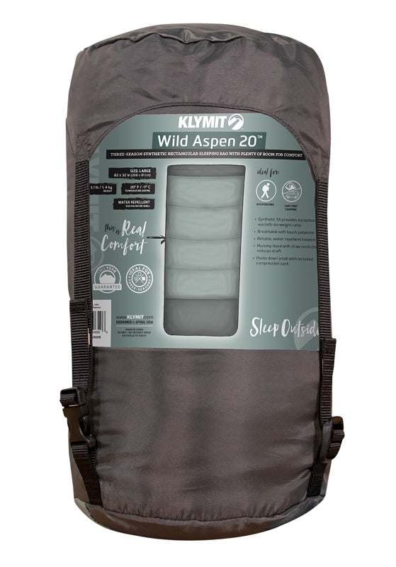 Klymit Wold Aspen 20 Series 13WRGR20D Sleeping Bag, 74 in L, 34 in W, Rectangular, Polyester, Green