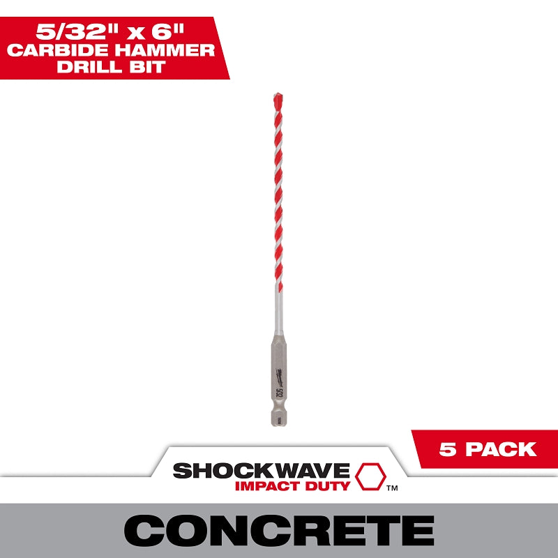 Milwaukee SHOCKWAVE 48-20-9155 Drill Bit, 5/32 in Dia, 6 in OAL, Precision Ground, Wide Flute, 1/4 in Dia Shank, Pack of 3