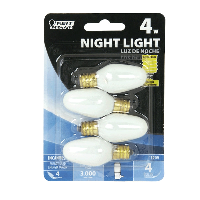 Feit Electric BP4C7/W/4 Incandescent Lamp, White Lamp, 4 W, Candelabra E12 Lamp Base, 2700 K Color Temp
