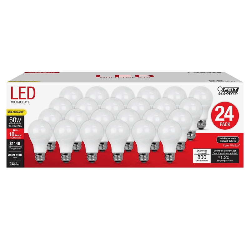 Feit Electric A800830/10KLED/ LED Bulb, General-Purpose, A19 Lamp, 60 W Equivalent, E26 Lamp Base, Soft White Light