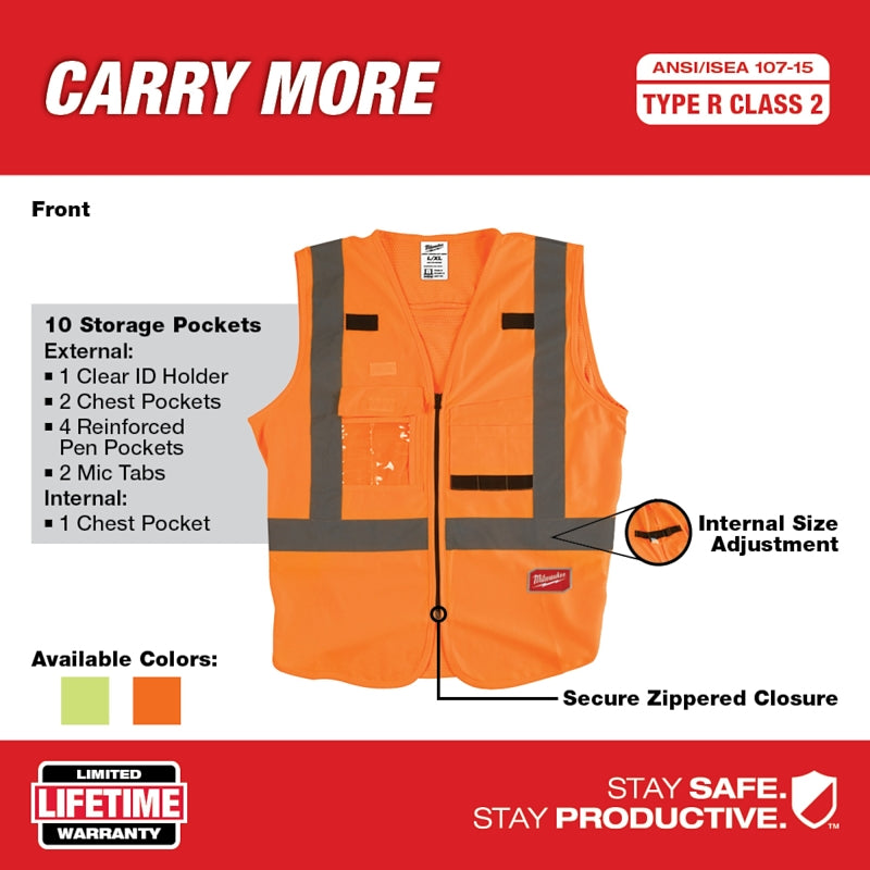 Milwaukee 48-73-5032 Safety Vest, L/XL, Men's, Fits to Chest Size: 42 to 46 in, Polyester, High-Visibility Orange