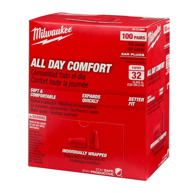 Milwaukee 48-73-3006 Ear Plugs, 32 dB NRR, Tapered, One-Size Ear Plug, Foam Ear Plug, Red Ear Plug