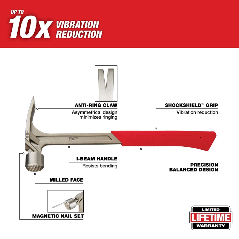 Milwaukee 48-22-9029 Framing Hammer, 28 oz Head, Anti-Ring Claw, Milled Head, Steel Head, 16.2 in OAL
