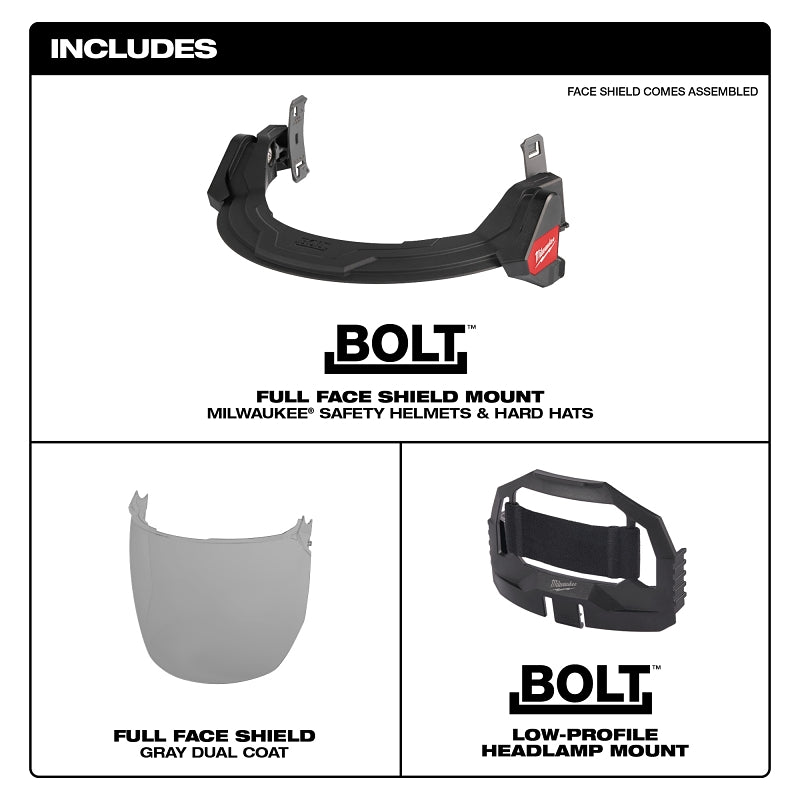 Milwaukee BOLT 48-73-1425 Full Face Shield, 10 in W Visor, 9-1/2 in H Visor, 0.06 in Thick Visor, Gray Visor