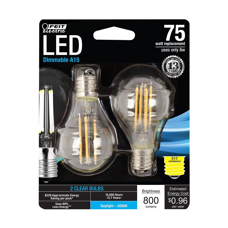 Feit Electric BPA1575N/850/FIL/2 Filament LED Bulb, General-Purpose, A15 Lamp, 75 W Equivalent, E17 Lamp Base, Dimmable