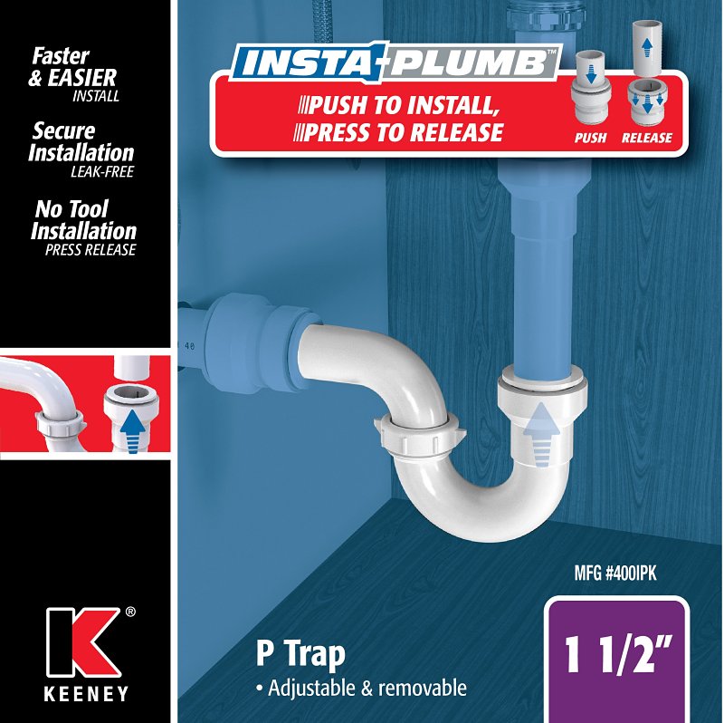 Insta-Plumb 400IPK P-Trap, 1-1/2 in, Push-To-Connect, Plastic, White