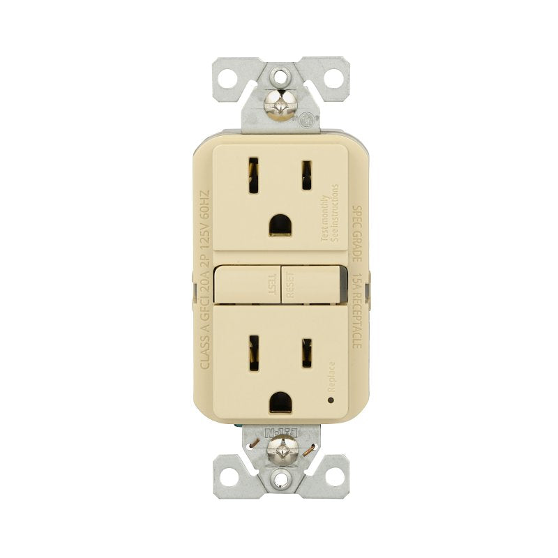 Eaton GF15V Self-Test GFCI Receptacle, 125 V, 15 A, NEMA: NEMA 5-15R, Back, Side Wiring, Ivory
