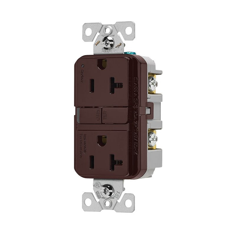 Eaton GF20B Self-Test GFCI Receptacle, 125 V, 20 A, NEMA: NEMA 5-20R, Back, Side Wiring, Brown