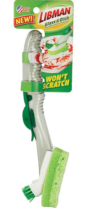 Libman 1132 Glass and Dish Wand with Scrub Brush, 11 in OAL, Natural Cellulose/PET Trim, PVC Handle