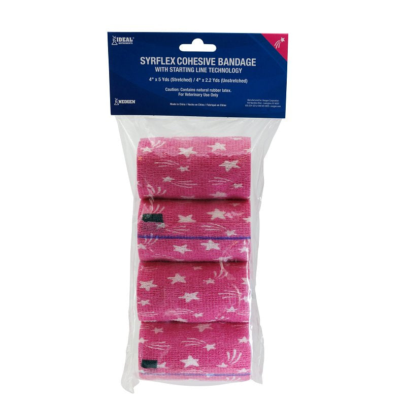 Ideal SyrFlex TA3400HPINP-4PK Stars Cohesive Bandage, 5 yd L, 4 in W, Rubber Latex Bandage, Pink